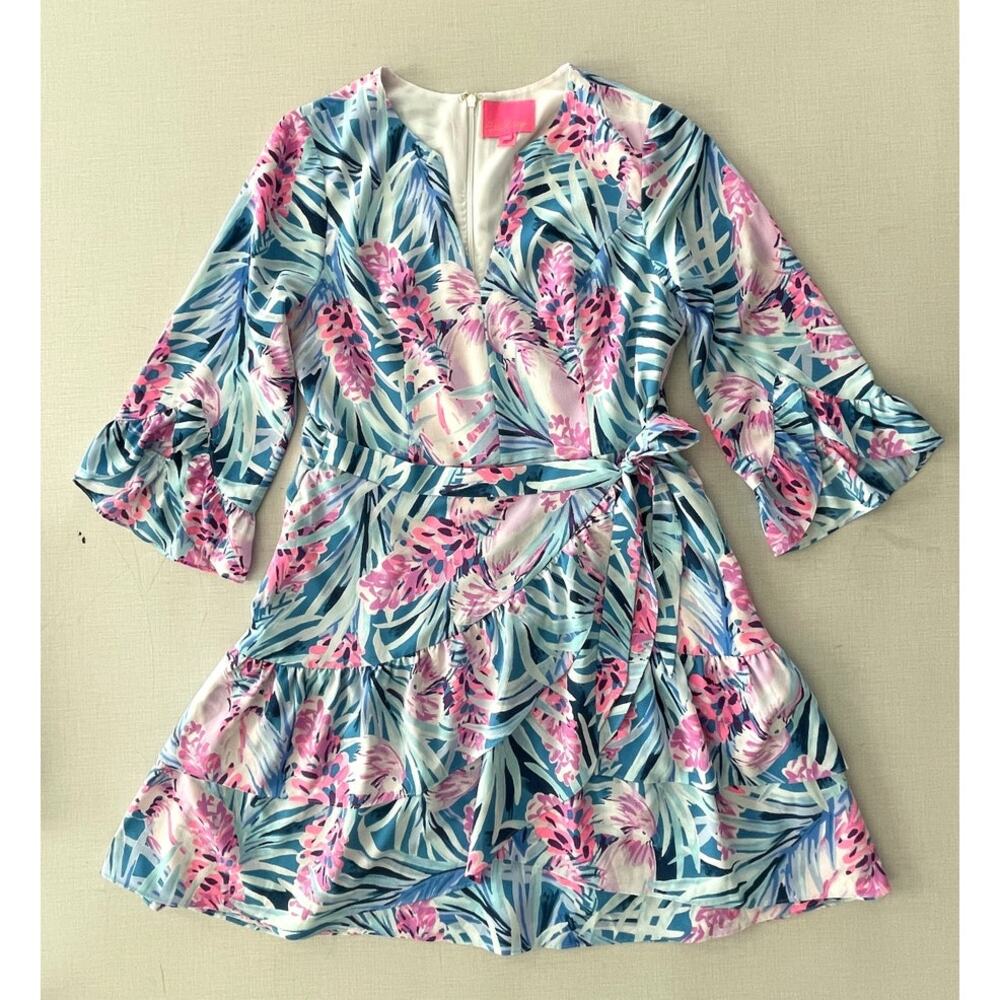 Lilly Pulitzer Size M Laeda Dress Blue Pink Mini Stretch Wedding Cocktail Ruffle - Picture 4 of 16